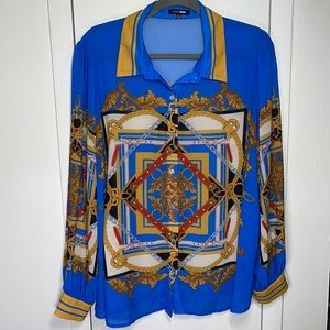 LIKE NEW Fashion Nova Luxury Renaissance  Print Sheer Blouse Blue and Gold